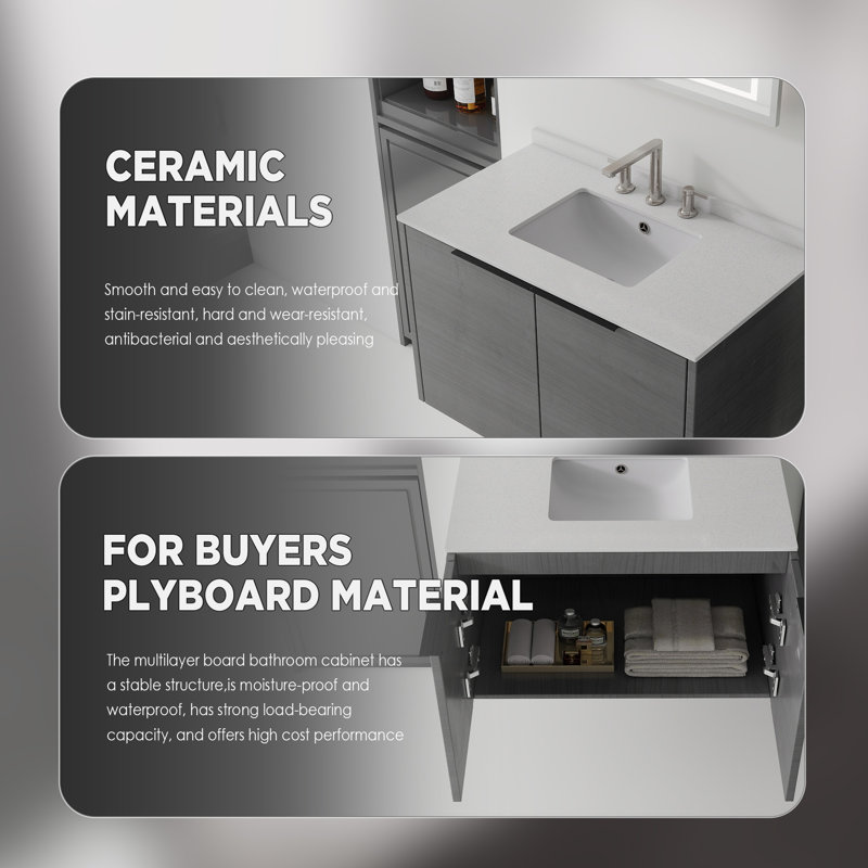 Meuble-lavabo flottant avec lavabo, Grey, 36" W