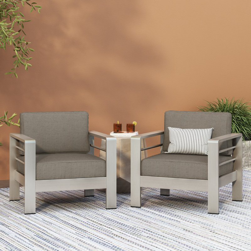 Caggiano Patio Aluminum Chair with Cushions, Gray, Silver