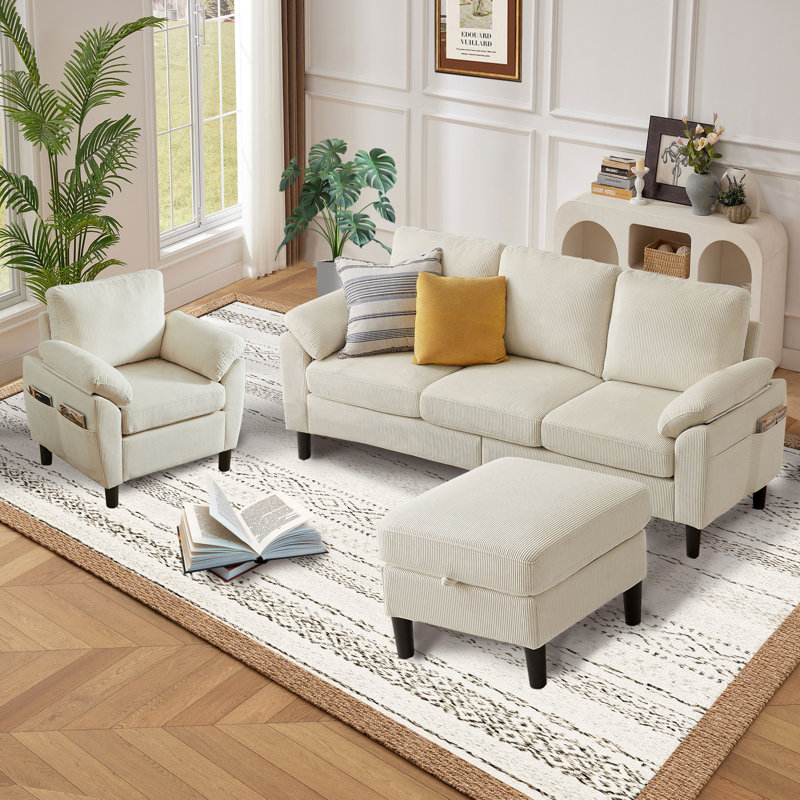 Ensemble de canapé modulaire 3 pièces avec fauteuil et repose-pieds, Beige