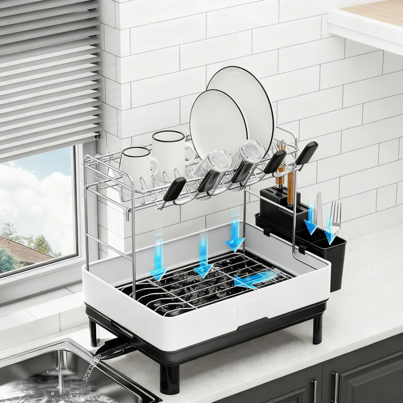 Égouttoir à vaisselle à 2 niveaux en acier inoxydable avec drain automatique, ustensile et porte-gobelet, égouttoir à vaisselle de grande capacité