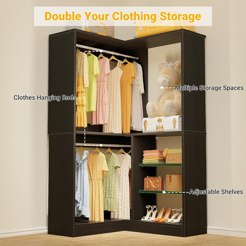  36'' W Corner Closet System with Hanging Rods, Black