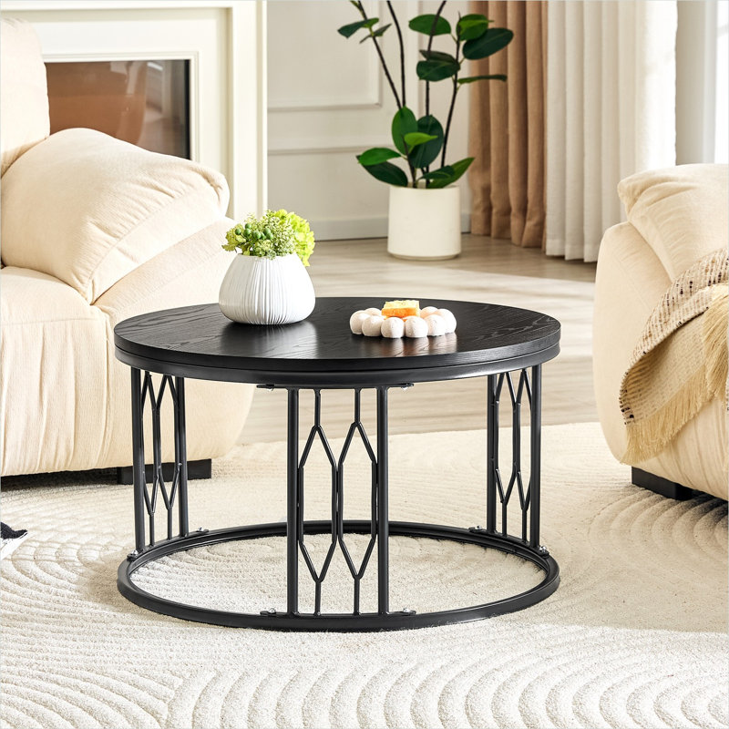 Table basse avec plateau rond en panneau de fibres à densité moyenne, diamètre de 27,5 pouces, grain de bois noir avec pieds en métal