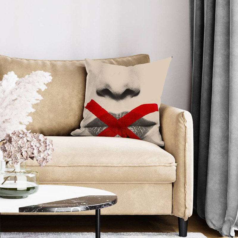 Grayscale Lips with Red X - Modern Red Poly Twill Pillow