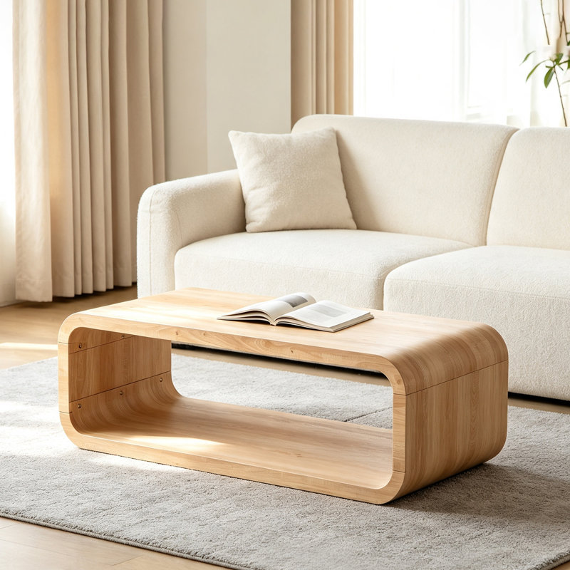 Table basse rectangulaire minimaliste en bois naturel clair aux lignes courbes, avec rangement ouvert à 2 niveaux, profil bas, idéale pour un salon moderne.