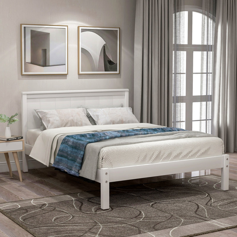 Base de lit plateforme avec tête de lit, support à lattes de bois, aucun sommier requis, Lit simple, Blanc