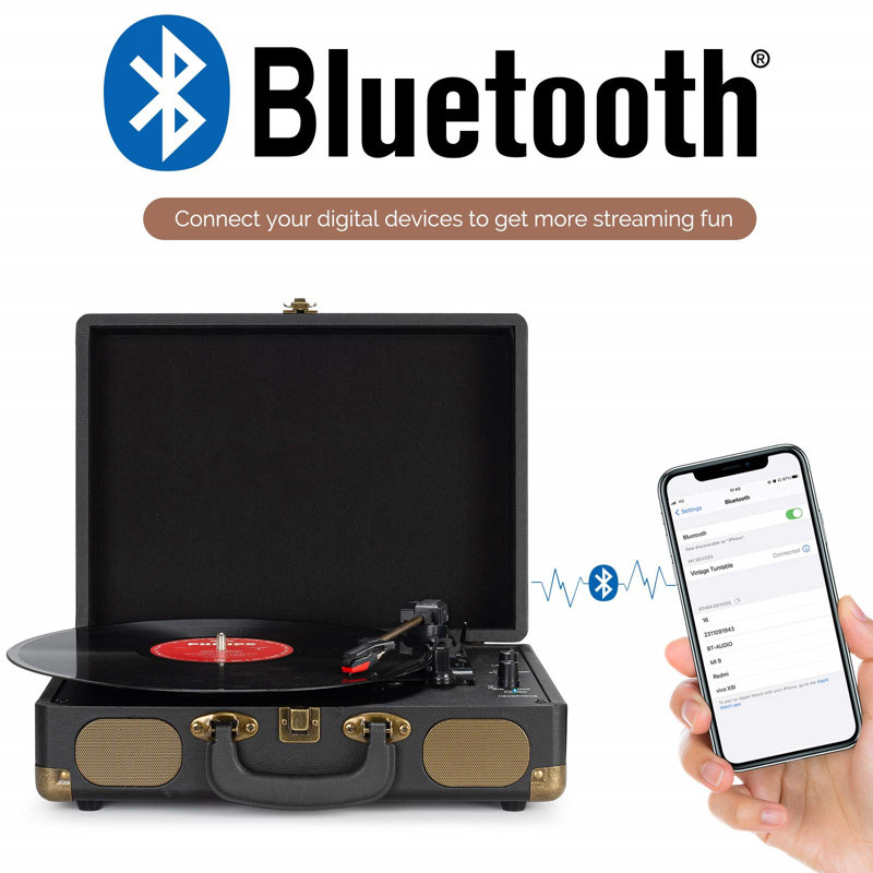 Record Player 3-Speed Bluetooth Suitcase Portable Belt-Driven Record Player With Built-In Speakers RCA Line Out AUX In Headphone Jack Vintage Turntable