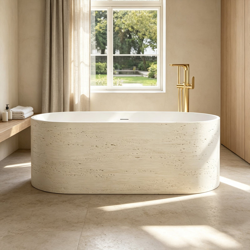Baignoire de trempage autoportante à surface en pierre de 63 po avec intérieur blanc mat