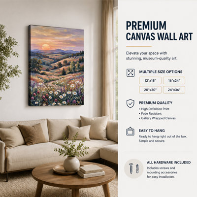 Tableau sur toile, coucher de soleil, fleurs sauvages, paysage de vallée de montagne, décoration murale