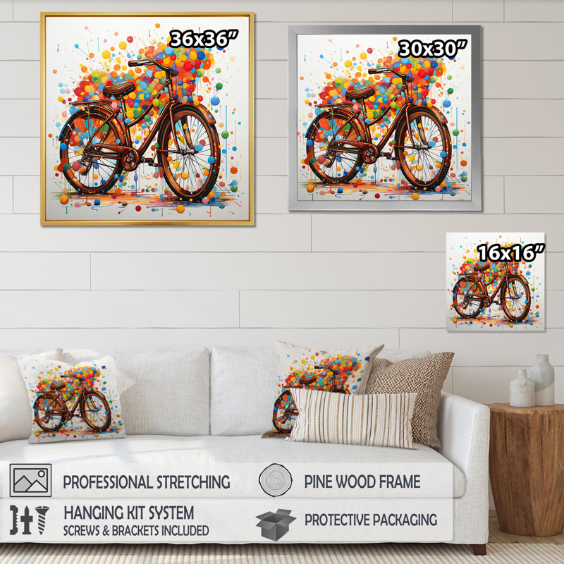 «Bicycle Joyful Rides Pointillism I», reproduction sur toile, H 24 po x l 24 po x P 1 po, Toile tendue