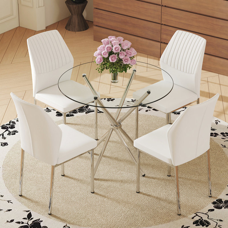 Ensemble de salle à manger 5 pièces avec table ronde en verre trempé de 36,6 po et chaises - Style moderne et luxueux pour le salon et la cuisine. Convient à divers styles de décoration intérieure