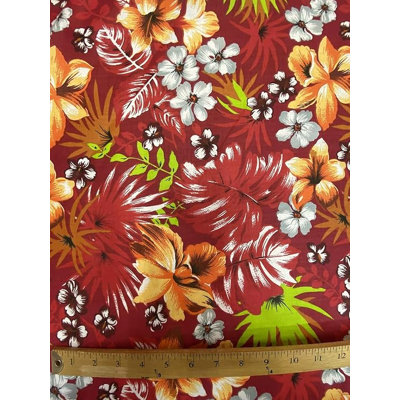 Tissu polycoton rouge à motif floral tropical hawaïen, vendu au mètre, 147 cm de large, imprimé hibiscus, idéal pour les chemises, robes, loisirs créatifs et décoration.