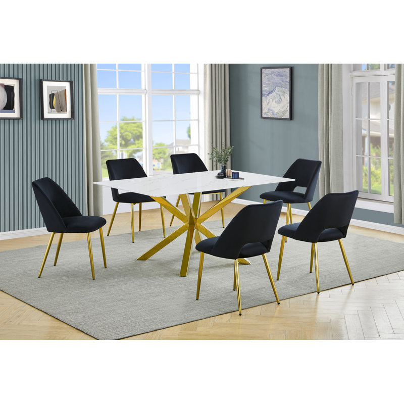 Ensemble de salle à manger 63 "x 39" en verre avec revêtement en marbre et chaises d'appoint en velours, Noir, 7