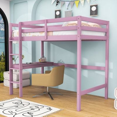 Twin Wooden Loft Bed With Built-In Desk And Safety Guardrail