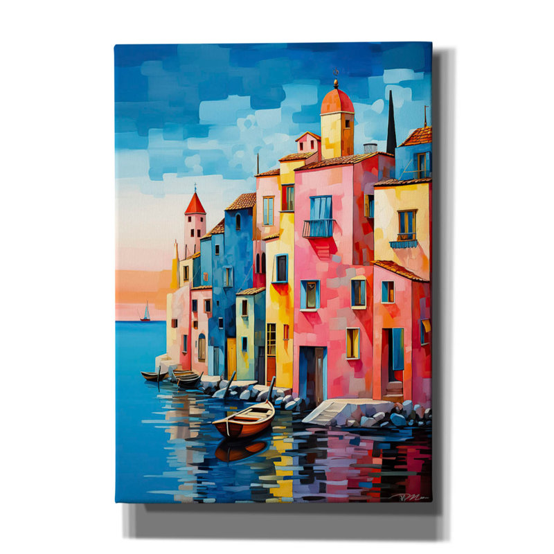 «Maisons sur la mer» par Momart, art mural sur toile, 26 po x 34 po, H 26 po x l 18 po x P 0,75 po