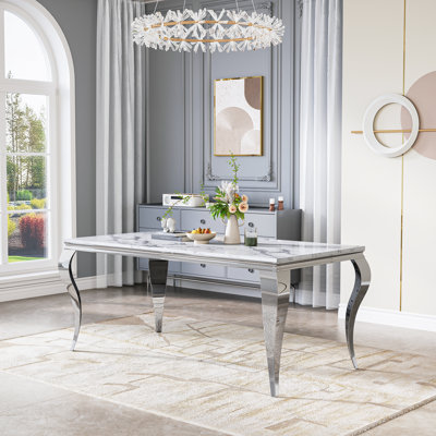 White Rectangular Faux Marble Dining Table With Cabriole Legs