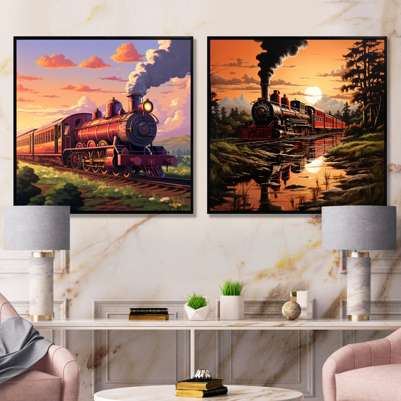«Sunset Train Voyage In Usa I» - ensemble de 2 pièces d'art mural, Cadre noir, H 16 po x l 33 po x P 1 po