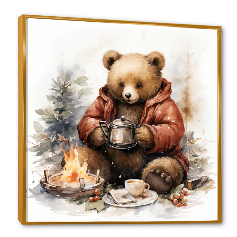 Hiver chambre de bébé ours en peluche I - Art mural ours en peluche, Cadre flottant doré, 30" H x 30" W