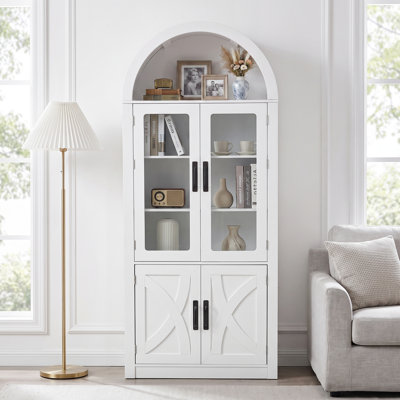 Vitrine arquée de 70 po avec rangement moderne, grande armoire vitrée blanche avec portes en acrylique incassable et tablettes réglables, armoire d'appoint autoportante pour le salon et la salle à manger