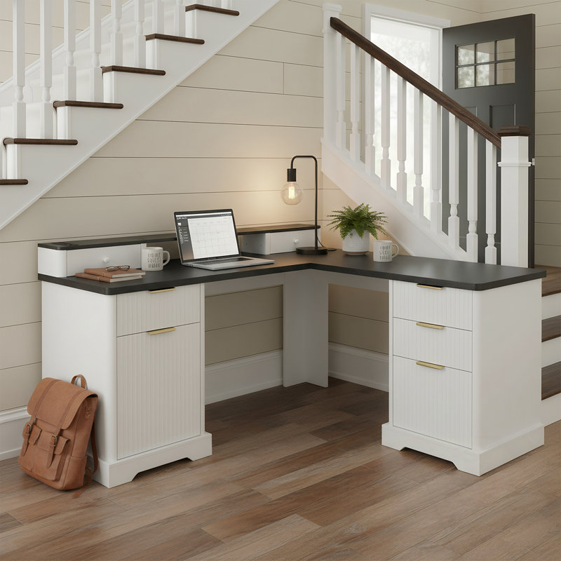 Panissidi en L avec station de charge et armoire de rangement, Blanc