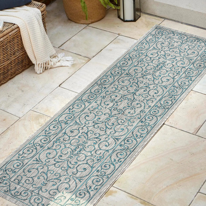Tapis d'intérieur / extérieur gris / bleu sarcelle texturé Hagerman, Tapis de couloir 2 pi 2 po x 8 pi