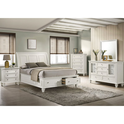 Cream White Eastern King Platform Bed With Two Drawers In , Panel Design, Wood And Material Storage Color, Headboard, Spacious Drawers, Build