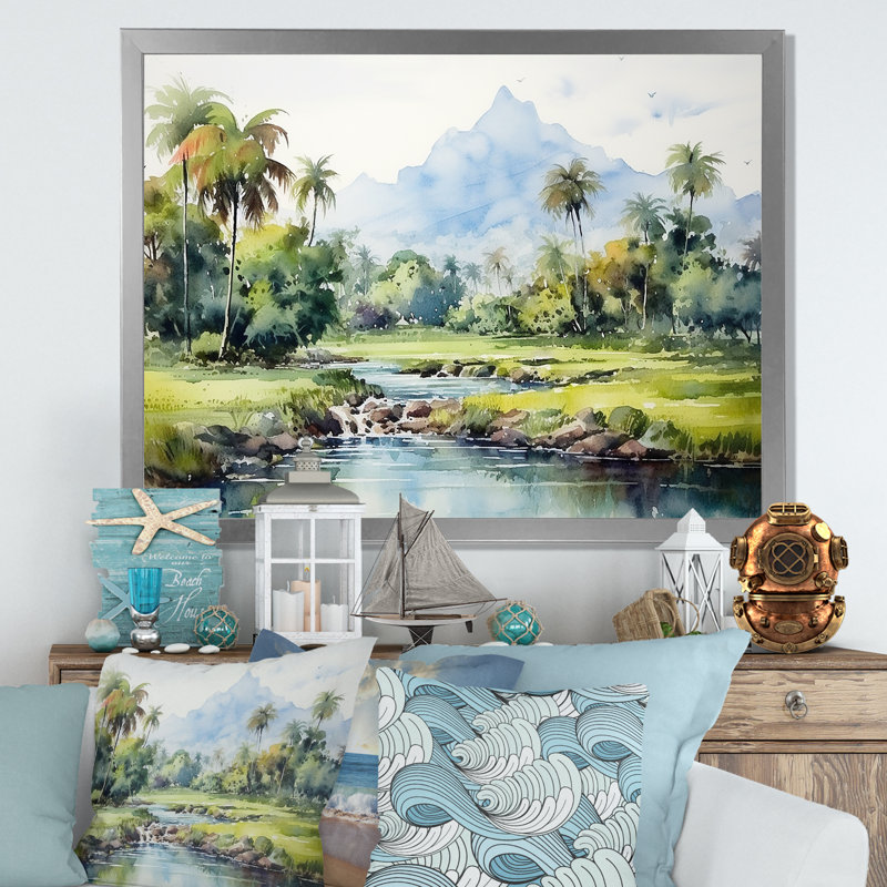 Paysage indonésien - Art mural Indonésie, H 24 po x l 32 po x P 1 po, Cadre de coin fermé argenté
