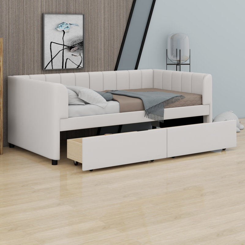 Lit de jour rembourré avec dossier ergonomique et 2 tiroirs, Beige