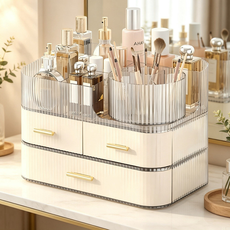360° Rotating Acrylic Makeup Organiser with Storage Drawers & Brush Holder, Large Stackable Cosmetic Skincare Storage Box for Dressing Tables, Vanities, Bedrooms & Bathrooms