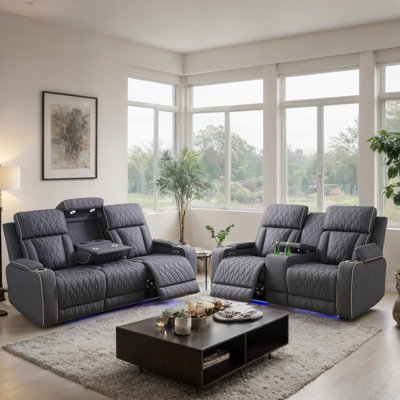 2-Piece Breathing Leather Power Recliner Sofa Set With LED Light,Wireless Charging Station,Reading Light,And Storage Armrest by Brayden Studio