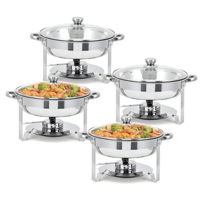 Ensemble de buffet à vaisselle 5QT - 4 pièces Chafer rond en acier inoxydable avec couvercles en verre, casseroles pour nourriture et eau, supports à carburant pour la restauration, les mariages et les fêtes