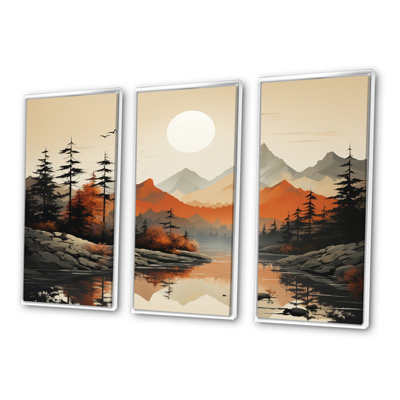 «Mountains Whisper Sunset Dreams - Minimalisme, ensemble d'art sur toile, Cadre flottant blanc, H 28 po x l 36 po x P 1 po