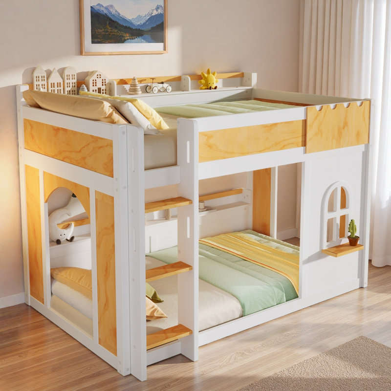 Lit superposé avec tablettes de rangement, fenêtre et 2 portes, Simple sur simple