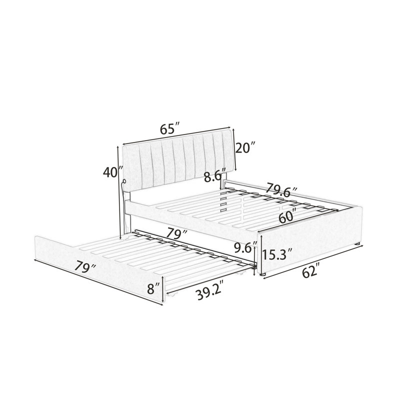 Wood Upholstered Platform Bed with Trundle and Headboard, Beige, Queen