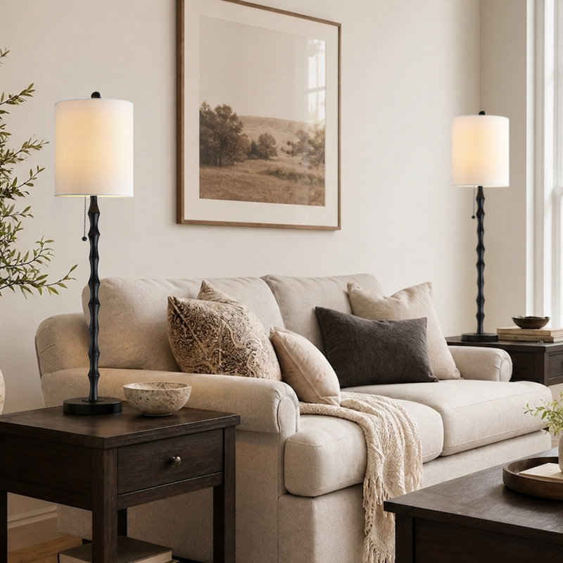 30in Metal Buffet Table Lamps with White Shades and Pull Chain Switch