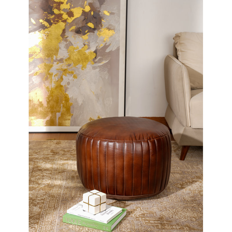 POUF BRUN EN CUIR BRUN FABRIQUÉ À LA MAIN ECOUTE DE BAIN BRUN DE FABRICATION À LA MAIN - 21 po x 21 po x 12 po, de forme ronde, de couleur brune, uni, cuir Buffalo Genunie, rembourré de coton recyclé, repose-pieds pour le salon, la salle d'étude, Patio et bureau
