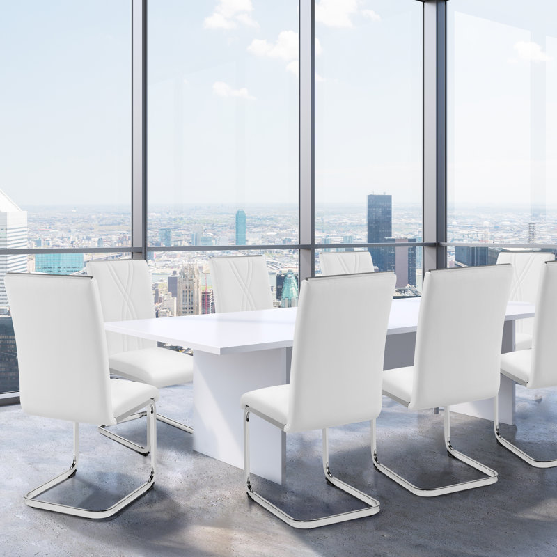 color Faux Leather Dining Chairs with Chrome Legs Upholstered Modern Design, White