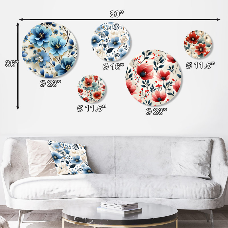 «Blue Coastal Elegance Floral», ensemble d'art mural floral rond sur 5