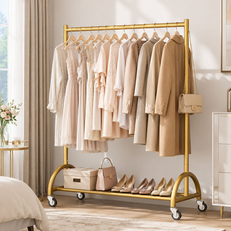 Gold Rolling Clothes Rack with Wheels, Side Storage and Bottom Shelf