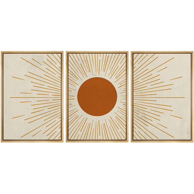 Géométrique, orange brûlé, soleil brillant, astronomie et ciel de l'espace - 3 pièces, cadre flottant, impression sur toile