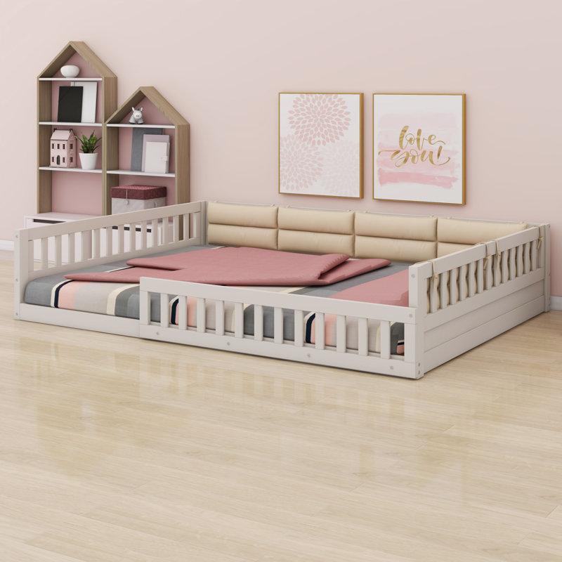 Lit plateforme tapissier avec garde-corps et coussin, Beige