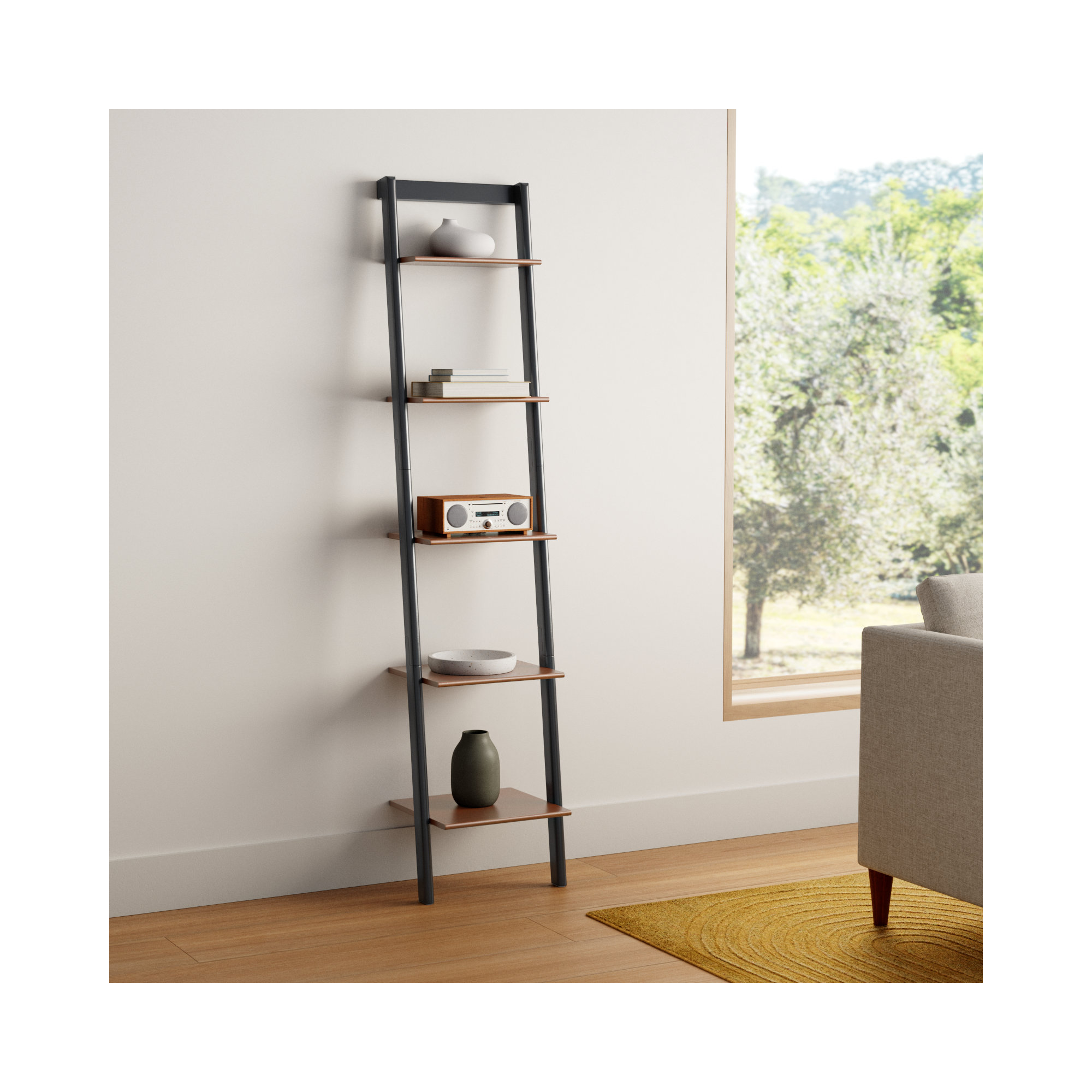 Joe Ladder Bookcase, 76" H x 17" W x 14" D, Honey Brown/Charcoal
