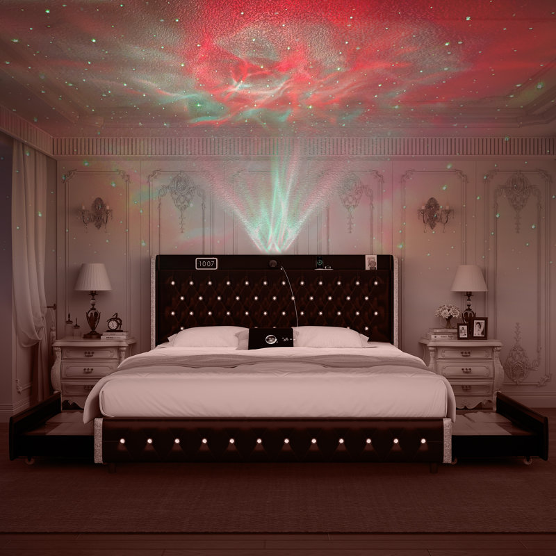 Structure de lit plateforme tapissier avec projecteur Galaxy à 360 °, tiroirs de rangement anti-poussière, tête de lit à oreilles