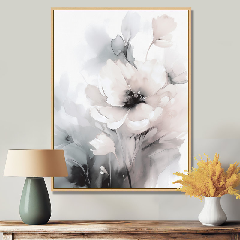 Douces fleurs gris clair I - art mural floral, Cadre flottant noir, H 44 po x l 34 po
