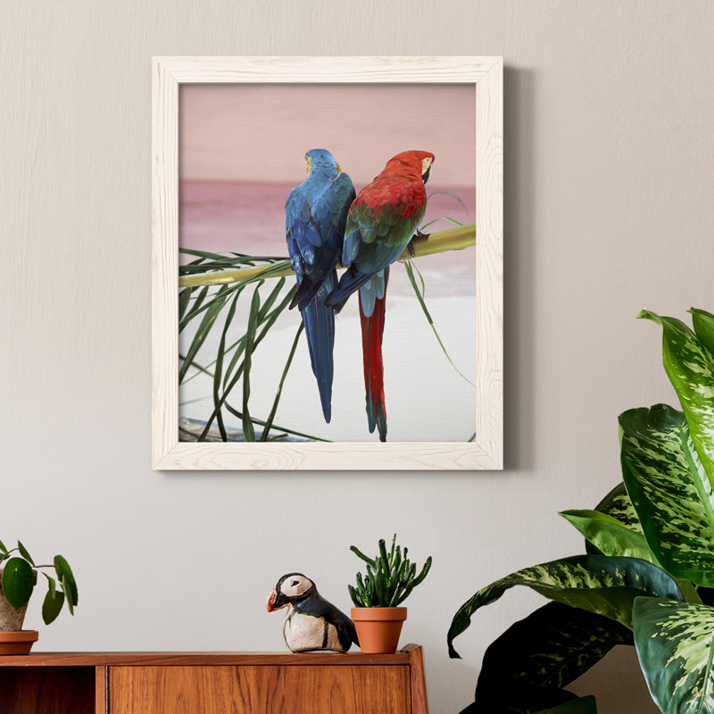 Palm Parrots - Peinture sur toile encadrée, Cadre blanc, H 24 po x l 18 po x P 1,5 po
