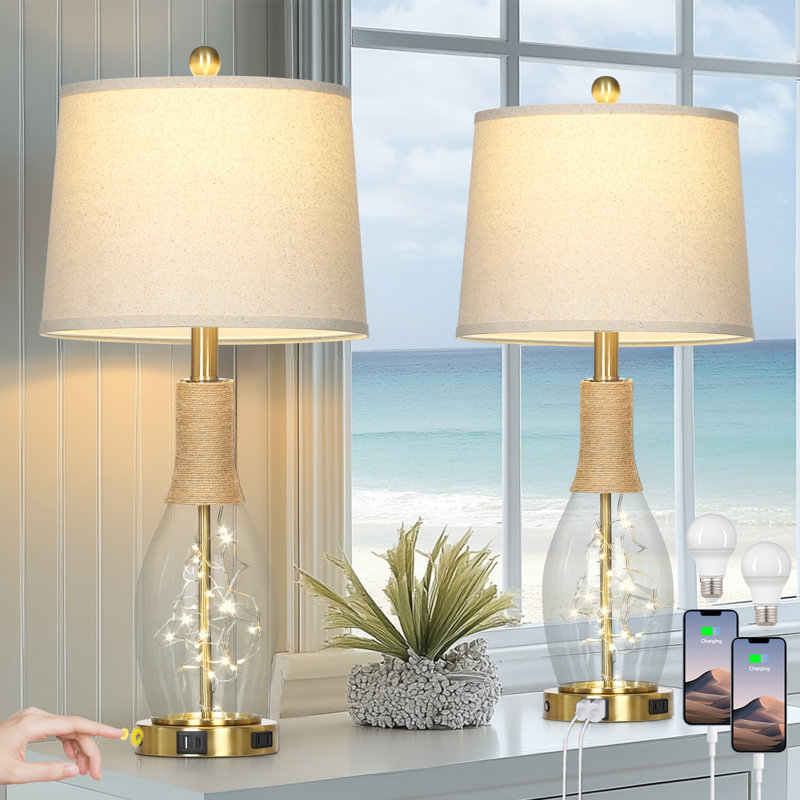 27.5'' Boho Coastal Rattan Touch Control Table Lamps with Night Light and USB Ports, Gold