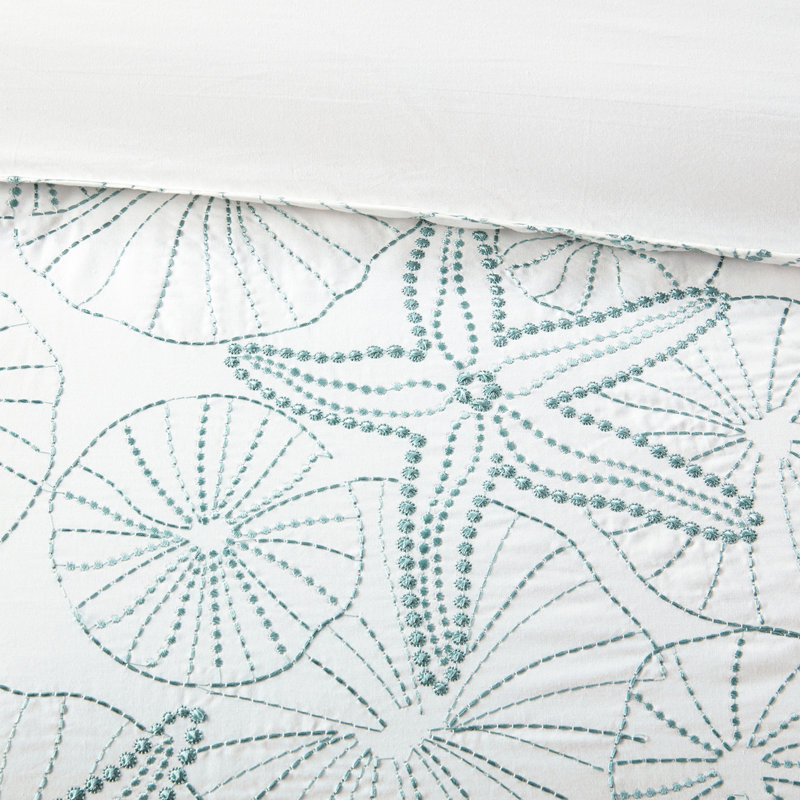 100% Cotton Duvet Cover Mini Queen - Dark And Sand Dollar Embroidery For Coastal Dream, Button Closure, 4 Ties, , Excludes Insert, 2 Shams White & Seaside Decor, Inner