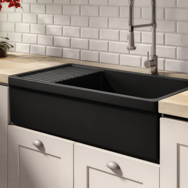 Fireclay Reversible Sink with Integral Drainboard and Decorative 2 ½" Lip on Both Sides, Matte Black