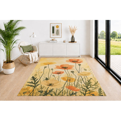 Tapis à motif floral coquelicot aquarelle «Ultra Léger» 5 pi x 7 pi pour salon, tapis intérieur doux à poils courts avec envers antidérapant, tapis botanique pour chambre à coucher, salle à manger, bureau, jaune orangé