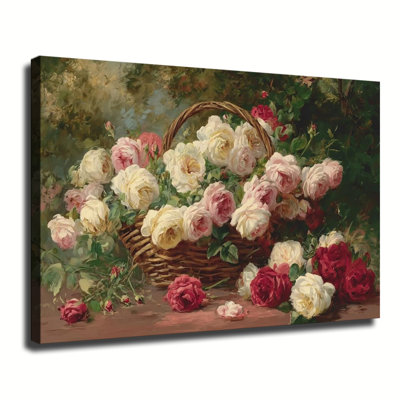 «Vintage Basket Full Of Roses Floral Still Life», peinture à l'huile sur toile tendue avec grande galerie pour le salon, la chambre à coucher