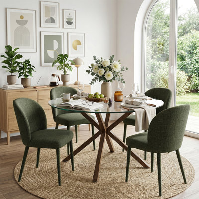 Modern 39" Round Glass Dining Table Set With 4 Upholstered Dining Chairs